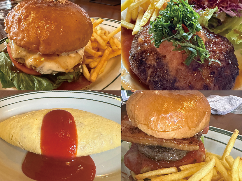 ベーコンバーガー、アボガドチーズバーガー、ハンバーグプレート 、オムライス